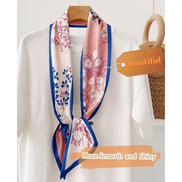 Women's Pink Flowers Blue Fashion Oblique Angle Silk Neck Scarf Printed Scarves - Picture 6 of 7